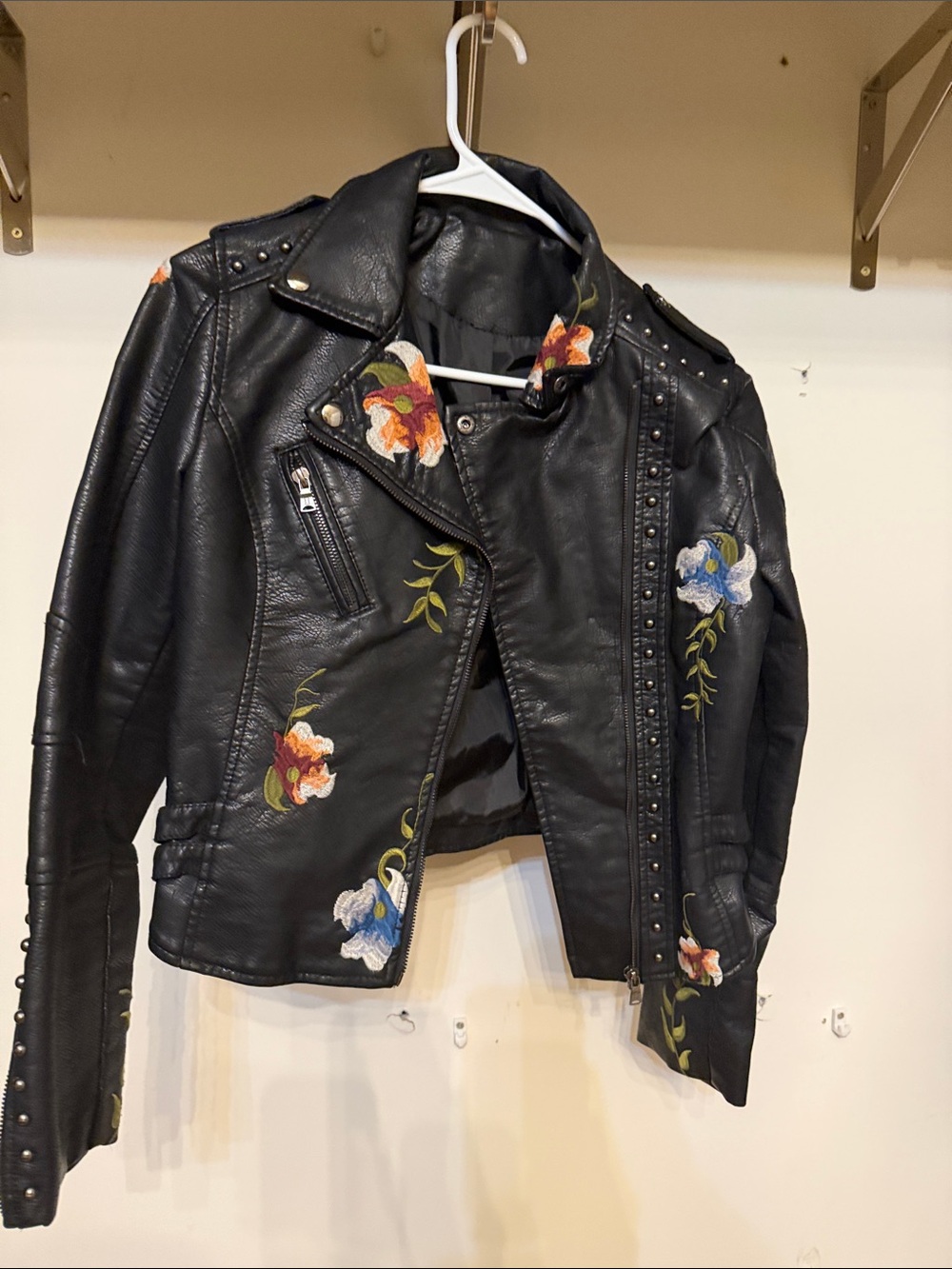 Black Floral Embroidered Moto Jacket - Women's